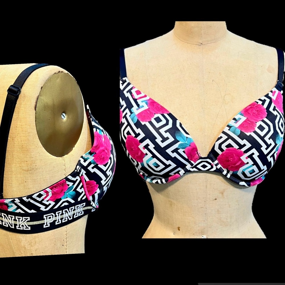 PINK Victorias Secret signature logo bra padded push up flirty floral rose 34DD